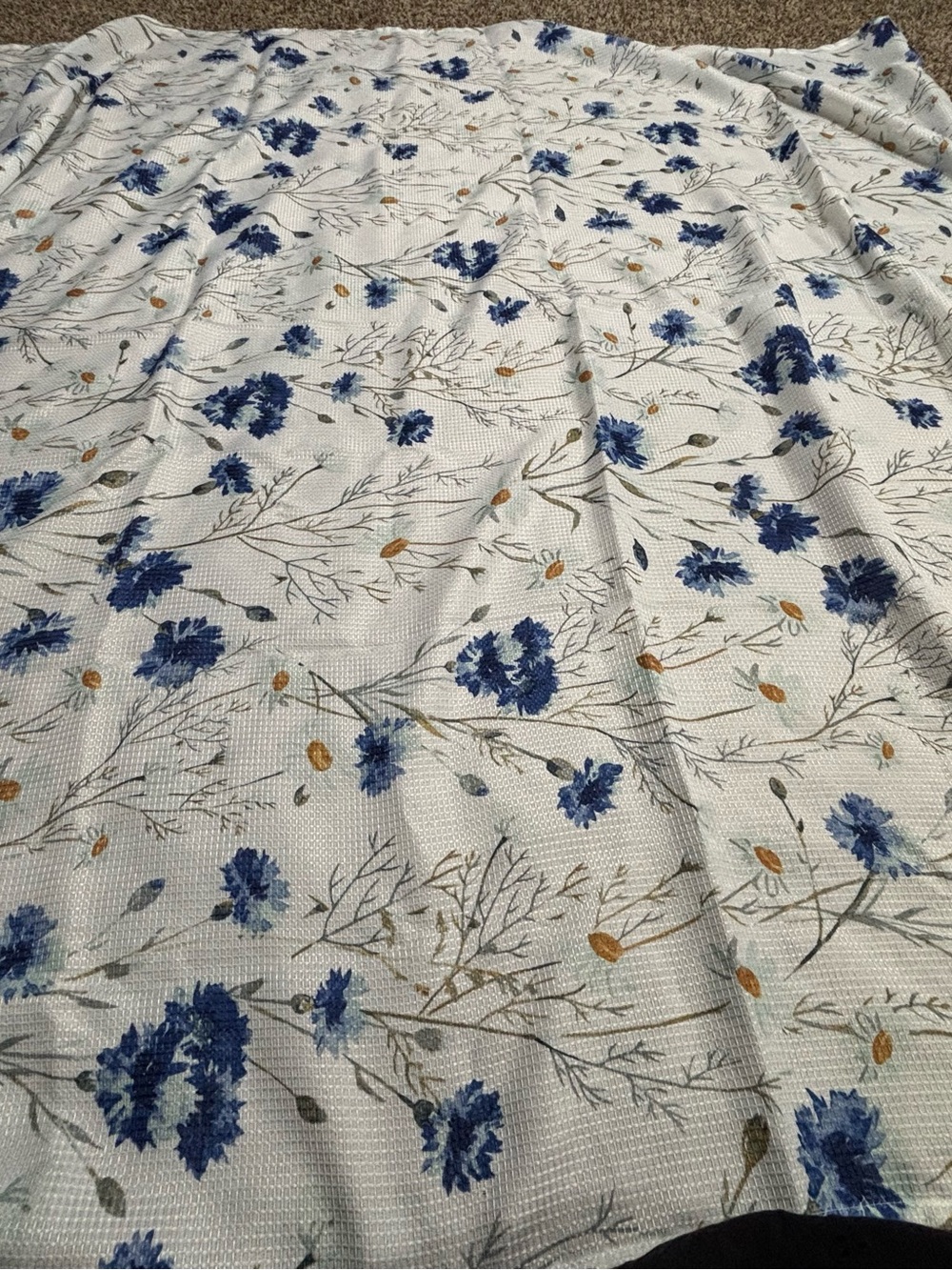 Waffle Weave Floral Shower Curtain With White & Blue Flowers 70 x 70 inches